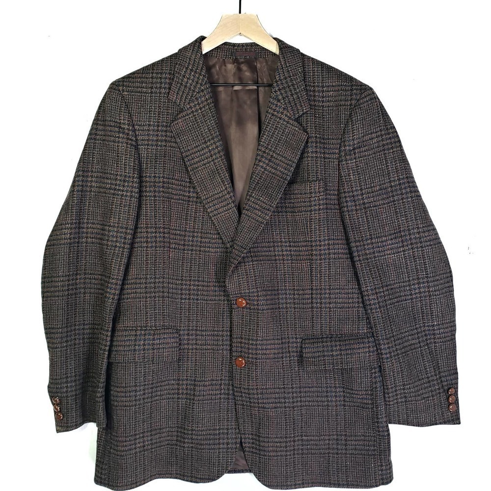 Savile Row Houndstooth Plaid Wool Sport Coat Men's 42L Brown Blue Black
